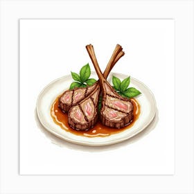 A Charming Watercolor Image Of A Plate Of Tender And Juicy Grilled Lamb Chops With Mint Sauce Art Print