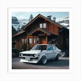 A 1981 White Toyota Corolla Gli Twin Cam With Full Body Kit In Front Of A Cabin House 7 Art Print