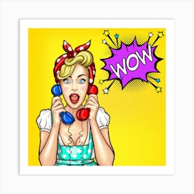 Pop Art Surprised Girl With Two Vintage Phone Receivers and WOW Speech Bubble Art Print