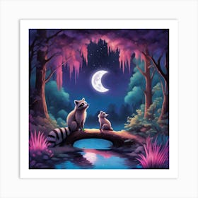 Raccoons In The Moonlight Art Print