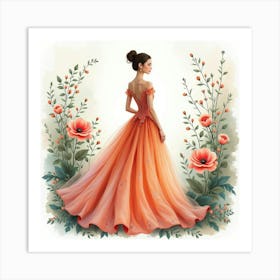 Chic Model In Watercolor Gown, Lush Floral Setting 1 Art Print