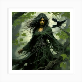 A Gust Of Wind Rustles Through The Mint Green Leaves Revealing The Silhouette Of The Ancient Witch Art Print