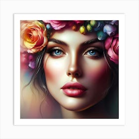 Beautiful Woman With Flowers On Her Head Art Print