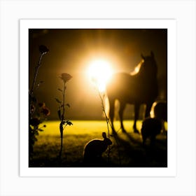 Silhouette Of Horses At Night Art Print