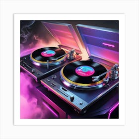 A Highly Detailed, Ultra High Resolution Illustration Of Two Vintage Turntables Spinning Vinyl Records, Blasting Vibrant, Neon Lit 80 S Music, Set Against A Moody, Smoky Background With Subtle Gradient Effects 2 Art Print