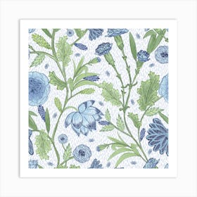 Blue And White Flowers Block Print Style Art Print