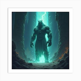 A Giant Golem Standing Guard Over A Glowing Magical Portal 1 Art Print