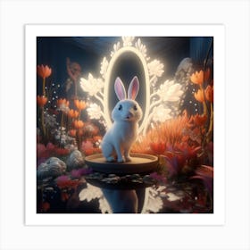 Funny Little White Cartoon Rabbit With Decorated Mirrow And Flowers 1 Art Print