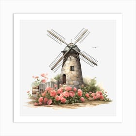 Windmill With Roses Art Print