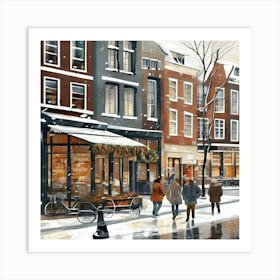 Amsterdam cafes, winter season, Christmas, pale colors, pedestrians in the street, winter clothes, falling snow.5 Art Print