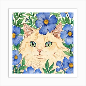 Cat With Blue Flowers 3 Art Print