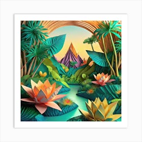 Firefly Beautiful Modern Abstract Lush Tropical Jungle And Island Landscape And Lotus Flowers With A (3) Art Print