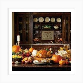 A Beautifully Prepared Thanksgiving Banquet Seated Under The Warm Glow Of Recessed Lighting In A Rus (3) Art Print