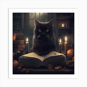Dark Academia Cat with Grimoire Halloween Art Print