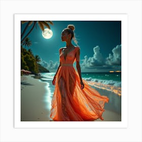 Beautiful Woman On The Beach At Night 4 Art Print