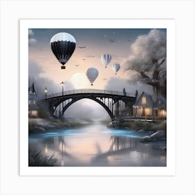 Hot Air Balloons Over A Bridge Landscape 2 Art Print