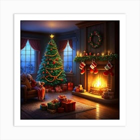 Cozy Christmas Eve Crackling Fireplace Casting A Soft Glow On The Elaborate Decorated Tree Toys Su (3) 2 Art Print