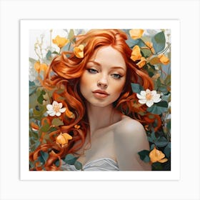 Redhead Girl With Flowers Art Print