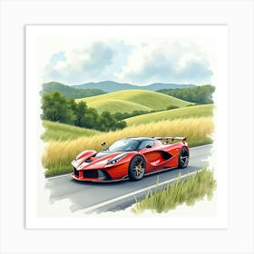 Modern Sports Car With Rolling Hills, Watercolor Painting 1 Art Print