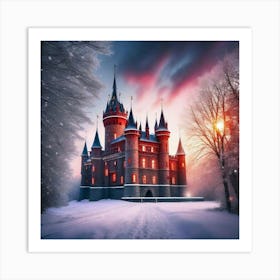 The glow of lights shining on the big castle in the snow Art Print