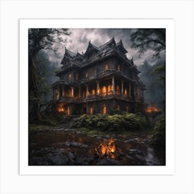 An Abandoned Large Palace In The Midst Of A Dark Forest With Eerie Rainy Weather And The Predomin (4) Art Print