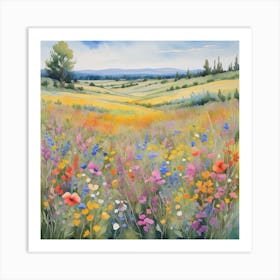 Multicolored Wildflowers Watercolor Field Drawing Summer 0 Art Print