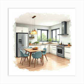 Chic Kitchen Watercolor Painting, Modern, Sleek Lines 1 Art Print