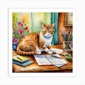 Cat At The Desk 2 Art Print