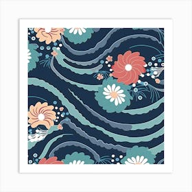 Waves Flowers Pattern Water Floral Minimalist Art Print