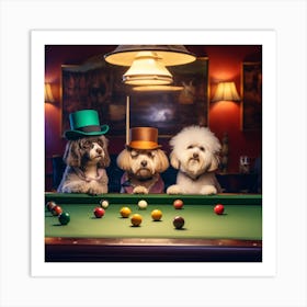 Three Dogs Playing Pool Art Print