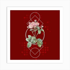 Vintage Pink Rosebush Botanical with Geometric Line Motif and Dot Pattern n.0072 Art Print