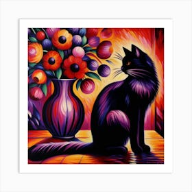 Black Cat With Flowers 4 Art Print