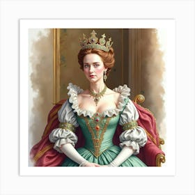 Watercolor Of Queen Elizabeth I, Detailed Royal Attire, Grand Setting 1 Art Print