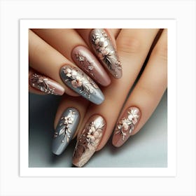 Woman With Flowers On Her Nails Art Print