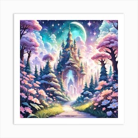 A Fantasy Forest With Twinkling Stars In Pastel Tone Square Composition 279 Art Print