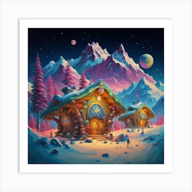 Mountain village snow wooden 6 25 Art Print