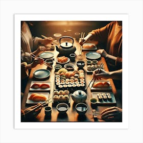 Hands Reaching for Sushi Wall Art: A Cozy Family Meal Scene for Dining Room and Kitchen Decor Print Art Art Print