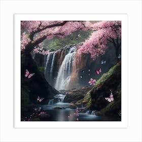 Waterfall With Butterflies and Pink flowers Art Print