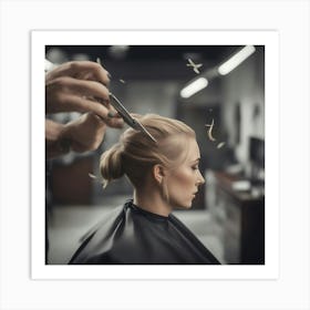 Portrait Of A Woman Having Her Hair Cut Art Print