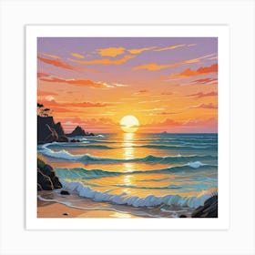 A Painting Of A Sunset With Seagulls Flying Above The Ocean (3) Art Print