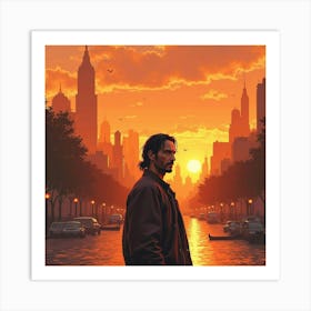 Keanu Reeves In A Dreamy Watercolor Cityscape At Sunset, Warm Orange Skies 1 Art Print