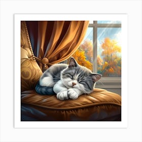 Sleeping Grey Cat Art Print