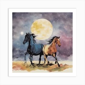 Horses In The Moonlight Art Print