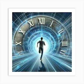 Man Running Through A Futuristic Clock Art Print