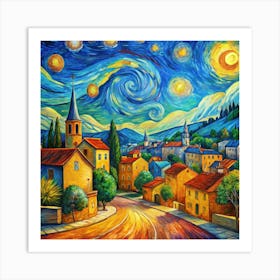 A painting in the style of Van Gogh's "Starry Night" depicting a small village. Art Print