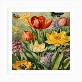 Tulips And Butterflies 6 Art Print