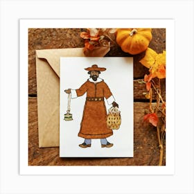 A Seasonal Autumn Greeting Card Joyfully Featuring A Cheerful Pilgrim Adorned In The Traditional Br (4) Art Print