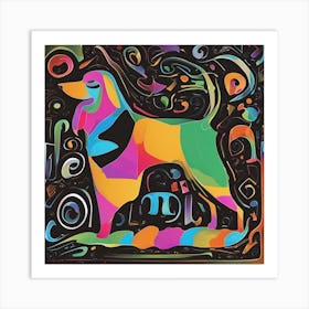 An Image Of A Dog With Letters On A Black Background, In The Style Of Bold Lines, Vivid Colors, Grap Art Print