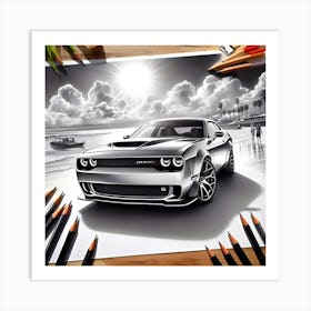 A Pencil Drawing Of A Dodge Hellcat At A Beach Front 3 Art Print