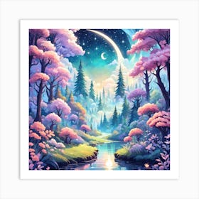 A Fantasy Forest With Twinkling Stars In Pastel Tone Square Composition 18 Art Print